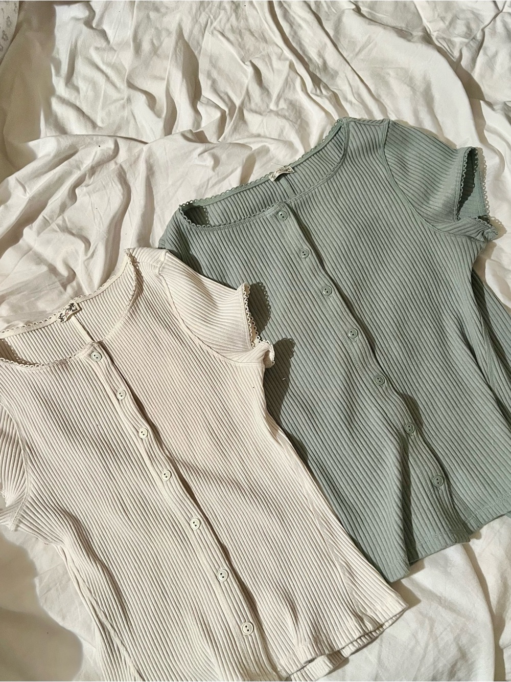 Free People Ribbed Button-Front Short Sleeve Top - Cream & Sage